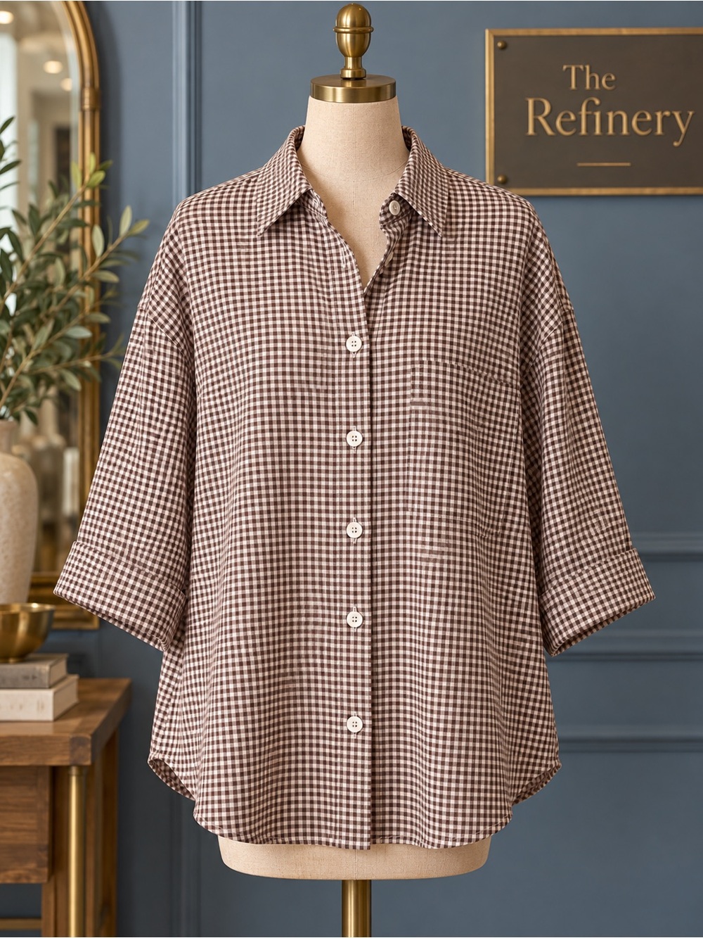 Olivaceous Gabi linen Relaxed Gingham Button-Front Shirt - Brown/White NWT